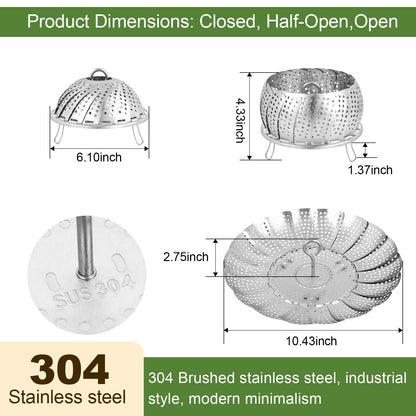 Steamer Basket for Cooking – Premium 304 Stainless Steel Steamer Basket, 3rd Gen Folding Expandable Steamers, Suitable for Cookware Pot, Fit for Fish Vegetables Pasta Eggs (Medium (6.1“ to 10.43”))
