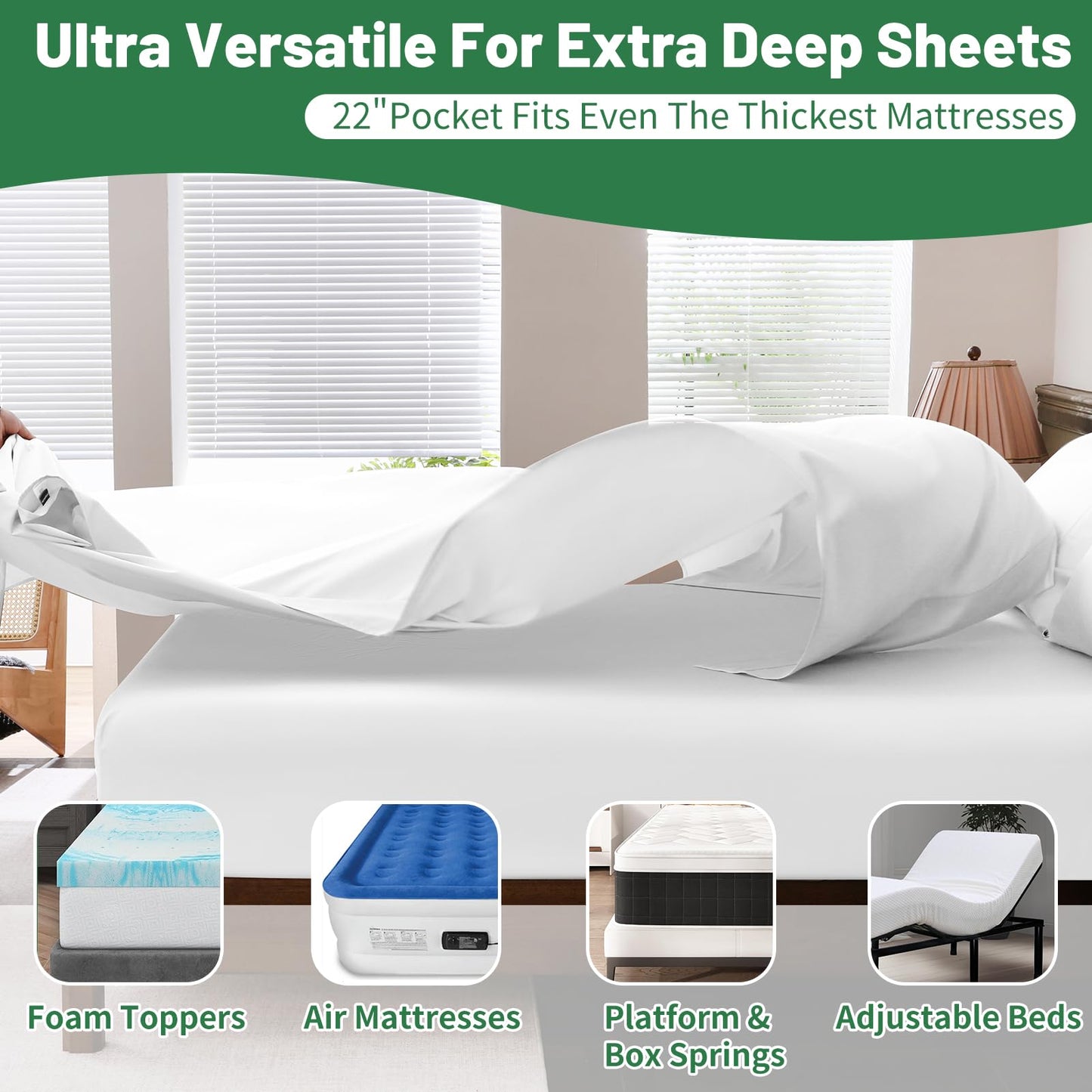 Overket Extra Deep Pocket King Sheets 18-24 Inch 100% Egyptian Cotton 1000 Thread Count Sateen Weave Soft Breathable 4 Pieces（King，White）