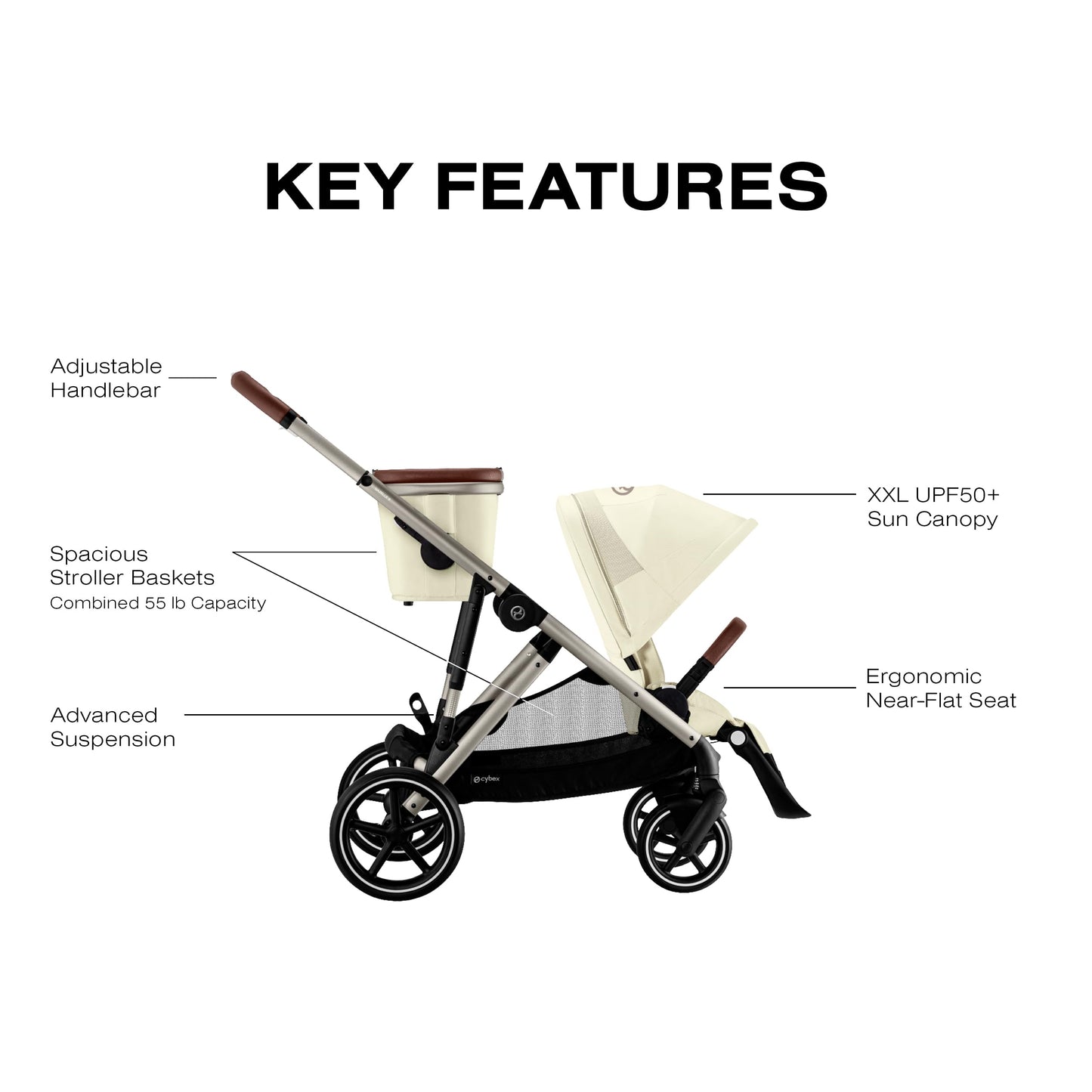 Cybex Gazelle S Stroller Modular Double for Infant and Toddler Includes Detachable Shopping Basket Over 20+ Configurations Folds Flat Easy Storage, Seashell Beige, 1.0 Count, 28.4 pounds