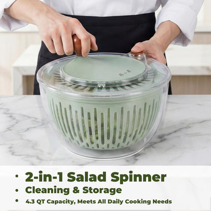 Salad Spinner Large Lettuce Spinner 4.3 Qt with Non-Slip Base & Stop Button Vegetable Dryer & Fruit Washing Bowl for Efficient Salad Prep