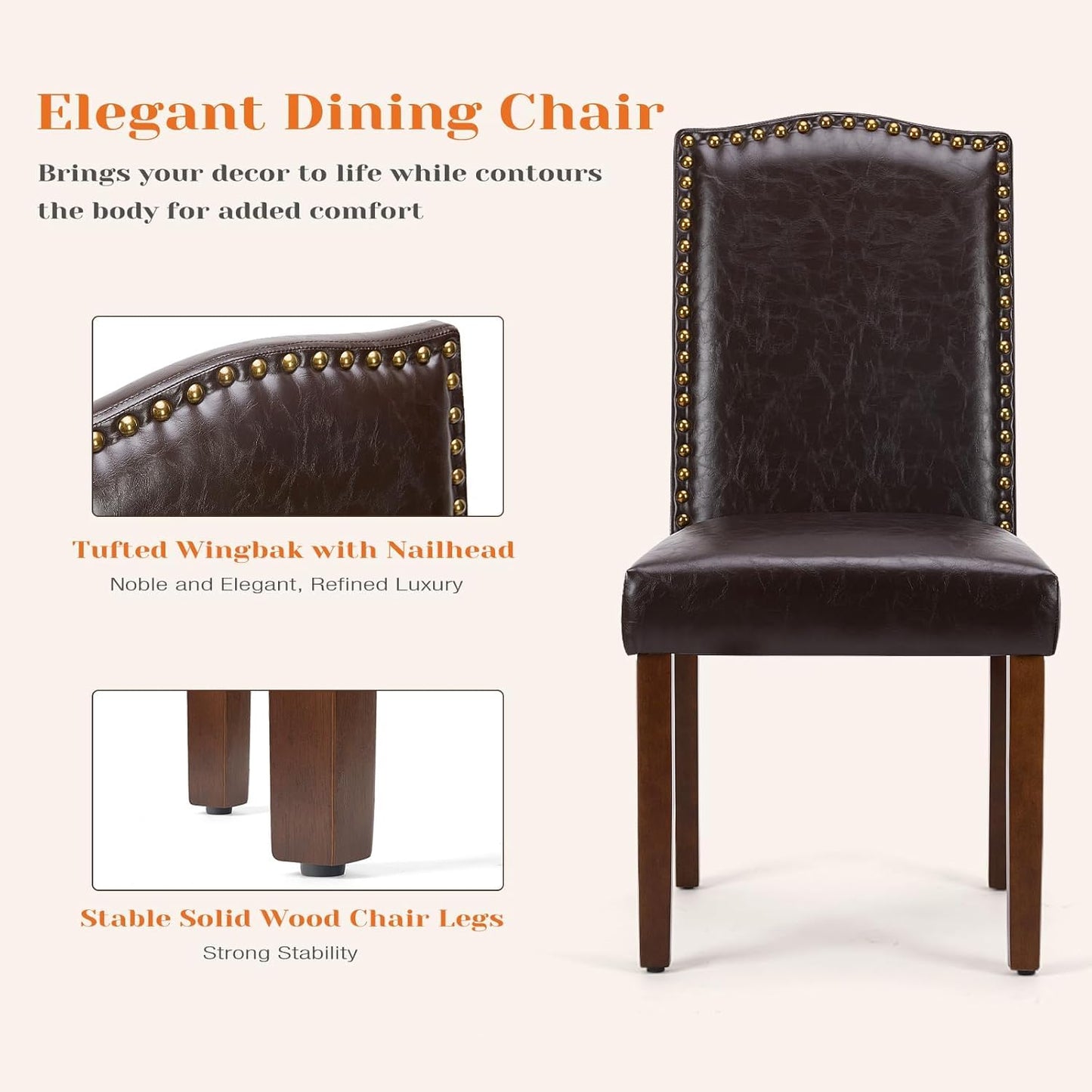 Kitchen Chairs Set of 6 Modern Upholstered Fabric Seat with Nailhead Trim and Ergonomic Lumbar Support for Living Room and Rustic Farmhouse Dining Area, Dark Brown