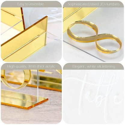 HOODO Clear Arch Wedding table numbers 1-20 with Stands, 5"x7" Arched Acrylic Signs with Gold Mirror Numbers, Clear and Gold Acrylic Table Numbers for Wedding Reception, Party, Anniversary, Event