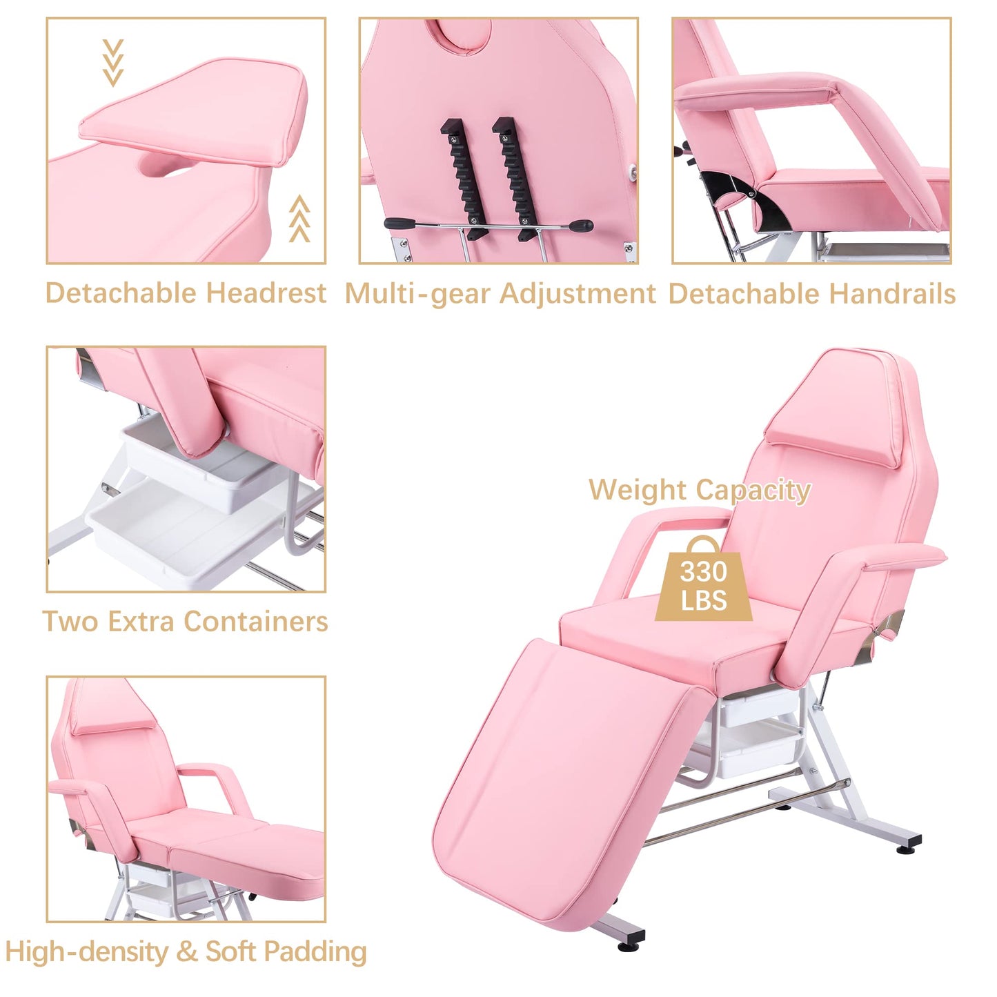 Massage Salon Tattoo Chair with Two Trays Esthetician Bed with Hydraulic Stool,Multi Purpose 3 Section Facial Bed Table, Adjustable Beauty Barber Spa Beauty Equipment, Pink