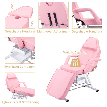 Dekitormi Massage Salon Tattoo Chair with Two Trays, 3-Section Facial Bed Table with Hydraulic Stool, Pink Adjustable Beauty Barber Spa Chair, Esthetician Bed for Massage, Facial, Waxing