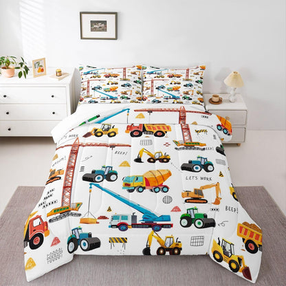 Set Bulldozer Set 3Pcs Tractor Comforter, Excavator Machinery Trucks Bedding Full Size, Construction Vehicle Down