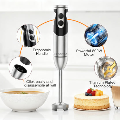 MegaWise Hand Blender, Immersion Blender Handheld 12-Speed with 80% Sharper Blades, Titanium Reinforced Stainless Steel 3-in-1 Immersion Blender,Includes Whisk and Milk Frother (3-in 1 Black)