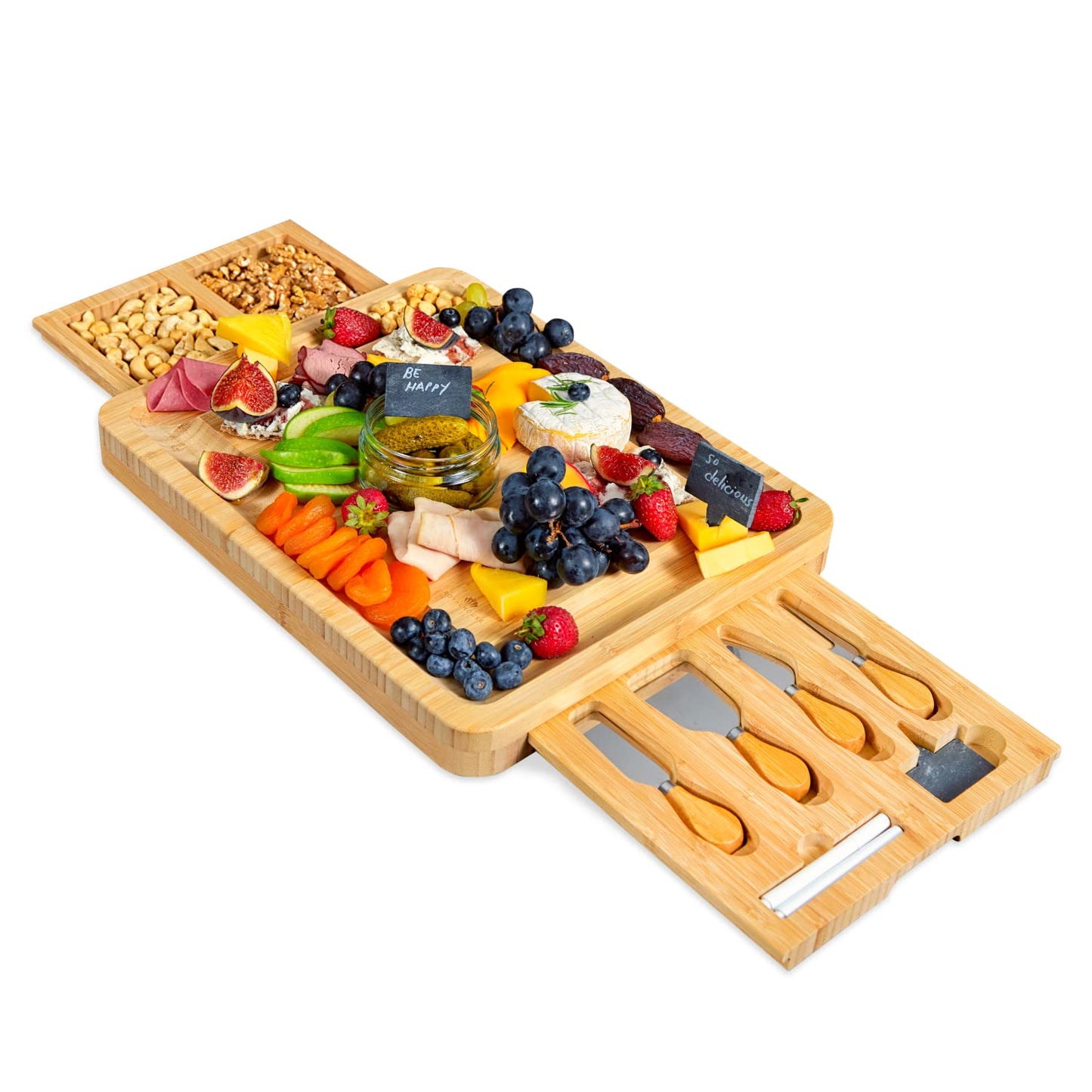 RoyalHouse Unique Bamboo Cheese Board & Knife Set with 2 Slide-Out Cutlery Drawers - Charcuterie Boards Set - Gifts for Women Birthday, Wedding Couples 2025, Bridal Shower