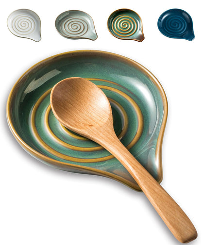LAUCHUH Spoon Rest for Kitchen Counter,5" Spoon Holder for Kitchen Counter Stove Top Ceramic Spatula Holder for Mother's Day, Ladle, Spatula, Spoons or Tongs, Unique Green