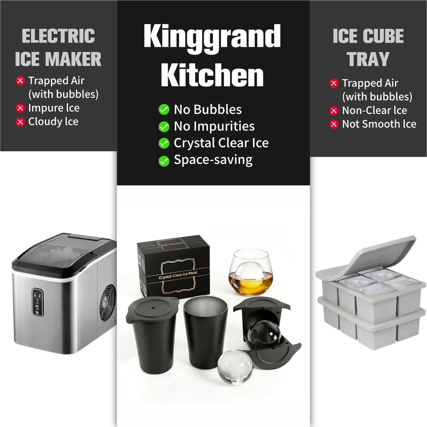 Clear Ice Cube Maker 2.5 Inch, Sphere Ice Ball Molds for Whiskey, Stainless Steel Clear Ice Mold with Non-BPA Silicone, Easy-Release Round Ice Cube Tray for Cocktails Bourbon (2 Pack, Black)