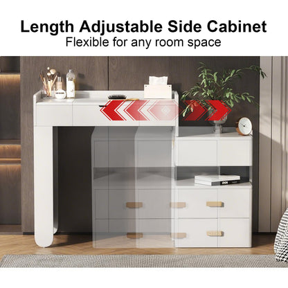 Merax Makeup Vanity Desk with Flip-Top Mirror and Lights, Modern Vanity Set with Cushioned Stool, 3-in-1 Dressing Table with Retractable Side Cabinet and Ample Drawers for Bedroom, White
