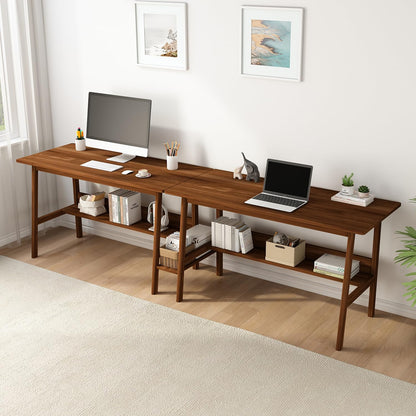 NELYE 2-Person Writing Desk with Bookshelf - 94" Wooden Extra Long Home Office Work Table, Double Study Computer Workstation with Storage Shelves in Walnut, 94" W x 24" D