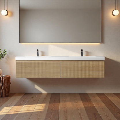 Trygoal 72'' Floating Bathroom Vanity with Sink, Wall-Mounted Bathroom Storage Cabinet with 2 Soft-Close Striped Drawers & Double Solid Surface Basins, Natural Oak Body with Internal Handle, Wood