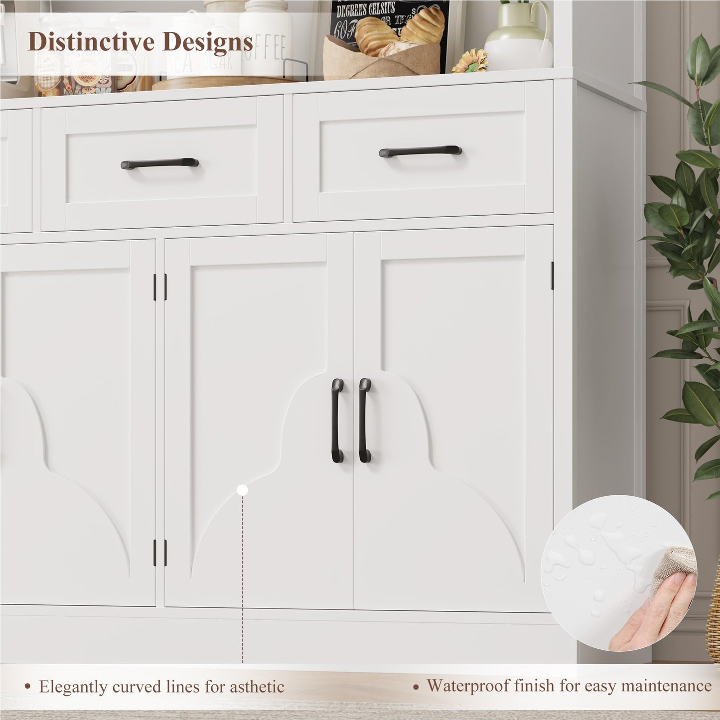 HITHOS 76" Tall Kitchen Pantry Storage Cabinet, 55“ Wide Kitchen Hutch Cabinet with Storage Drawers, Large Food Pantry with Microwave Stand, Modern Cupboard with Hutch for Dining Living Room, White