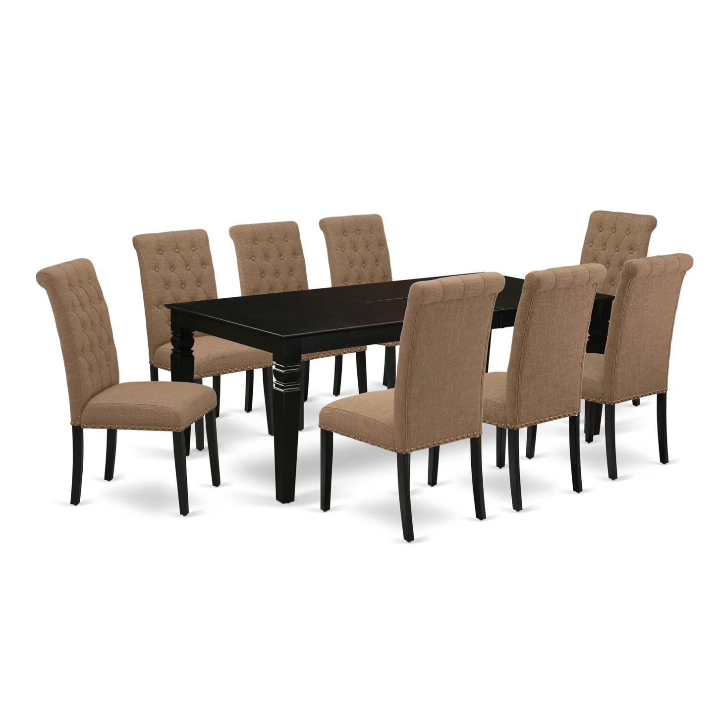 East West Furniture LGBR9-BLK-17 9 Piece Dining Room Table Set Includes a Rectangle Butterfly Leaf Kitchen Table and 8 Light Sable Linen Fabric Upholstered Chairs, 42x84 Inch, Black