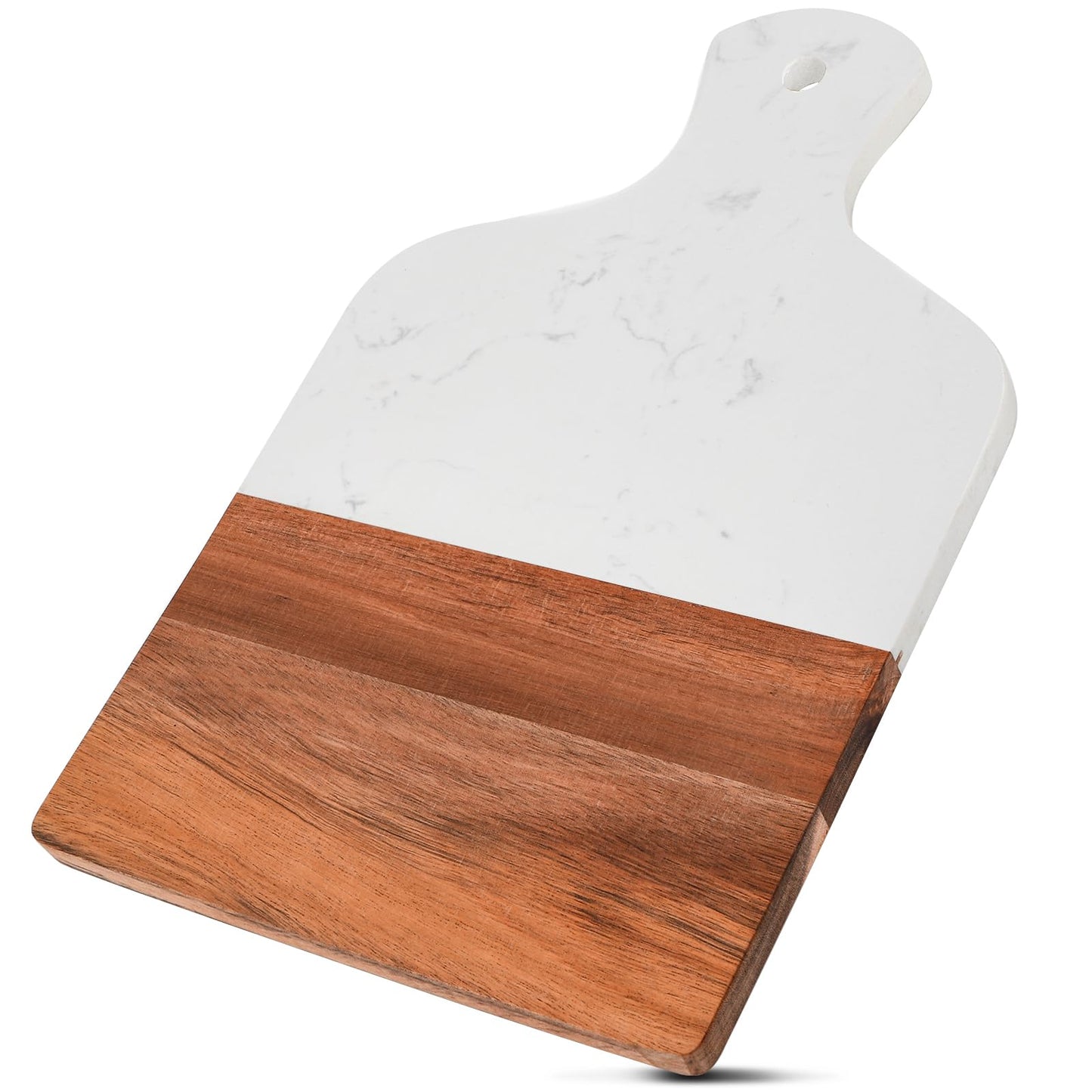 Coloch Marble and Acacia Wood Cutting Board, Charcuterie Chopping Board with Handle, Decorative Serving Board for Cheese, Steak, Bread, Fruit (white)