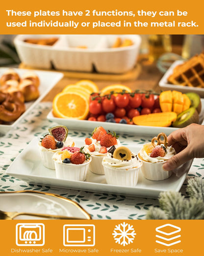 LAUCHUH 3 Tier Serving Tray, Porcelain Serving Platter Tier Serving Stand with Collapsible Sturdier Rack, Serving Trays and Platters Dessert Party Display Set for Mother's Day, Gold, 12 Inch