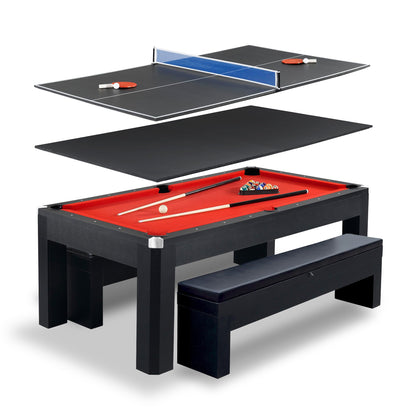 Hathaway Park Avenue 7 Ft Pool Table Combo Set with Benches and Complete Game Accessories - Billiard Table with Ping Pong and Dining Top - Engineered Wood Frame, Black Finish, Red Felt