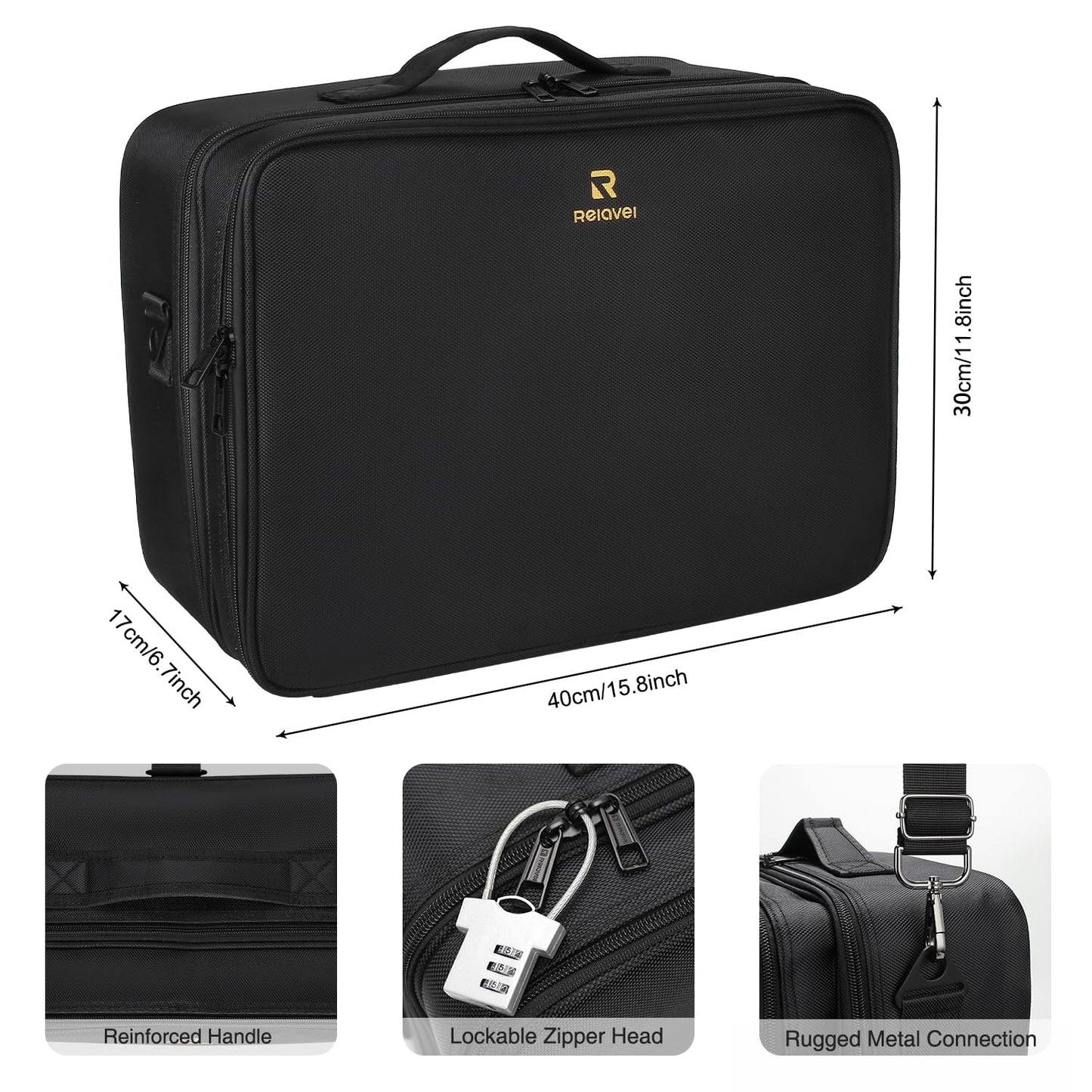 Relavel Extra Large Makeup Case with Plastic Dividers Washable and Easy to Clean, Travel Makeup Train Case Professional Makeup Artist Bag Portable Nail Organizer Box Art Supply Case (Black)