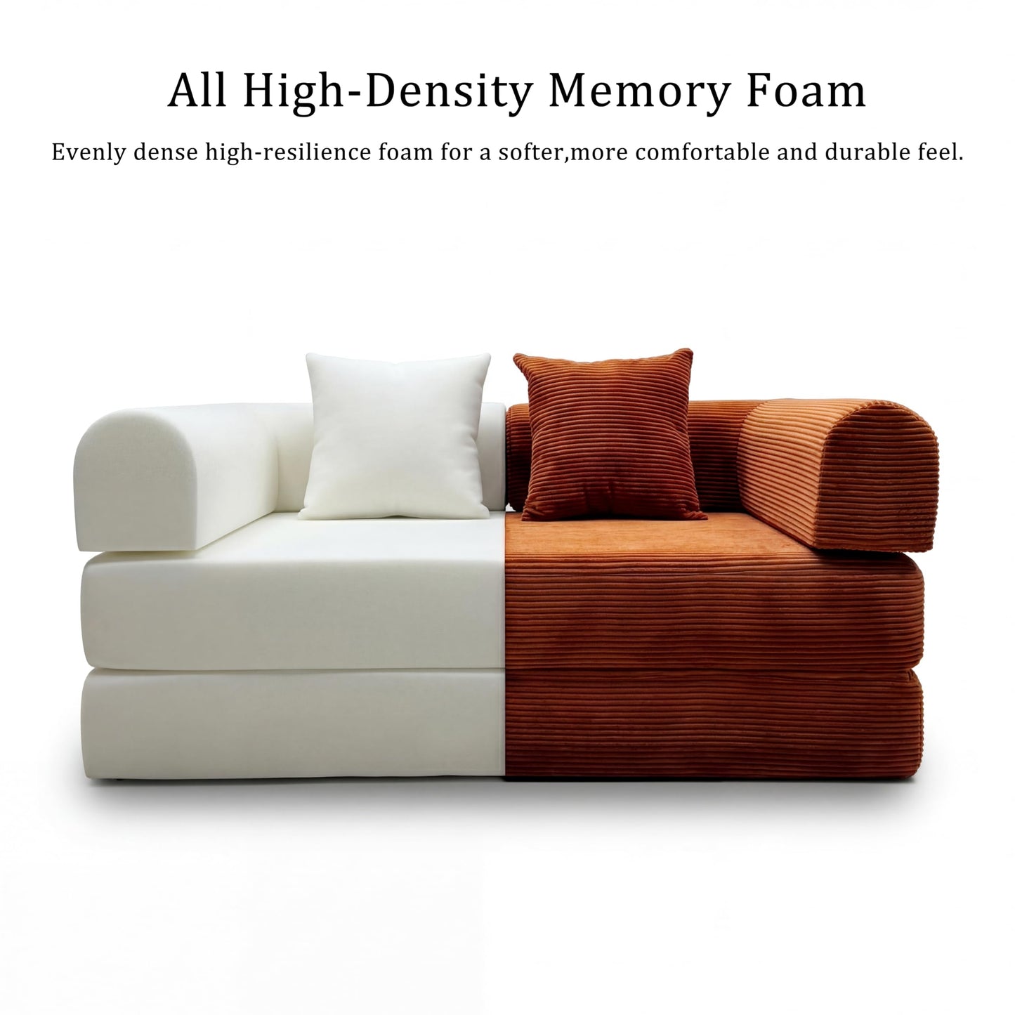 53.15"Boneless Couch,4-in-1 Futon Sofa Bed Modular Loveseat Sleeper Folding Compressed Couch with Pillows,No Assembly Required Convertible Sofa Bed for Living Room Bedroom Guest Room,Orange