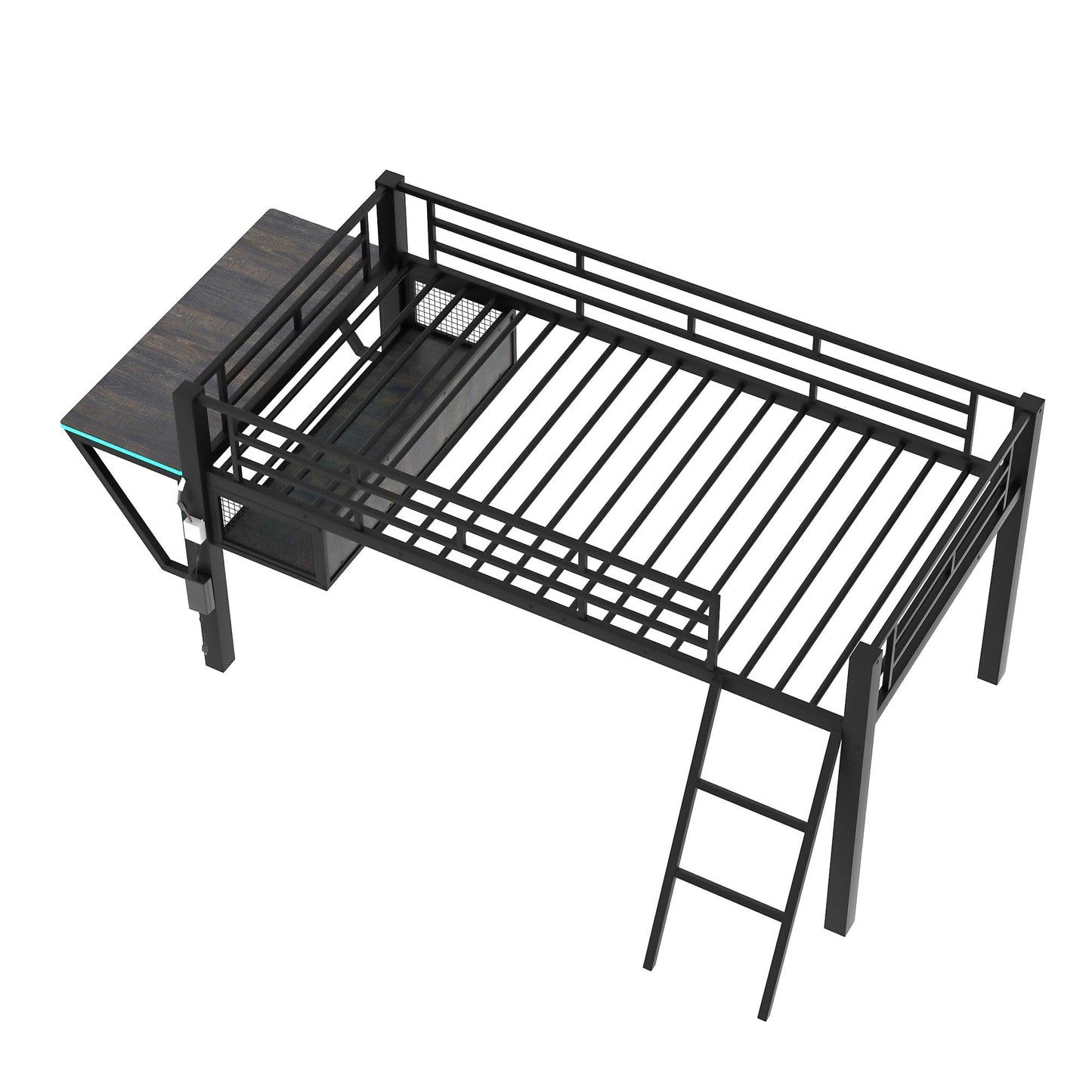 Merax Mid Loft Bed Twin Size with Desk, Metal Gaming Loft Bed with LED Light, for Teens & Adults, Black