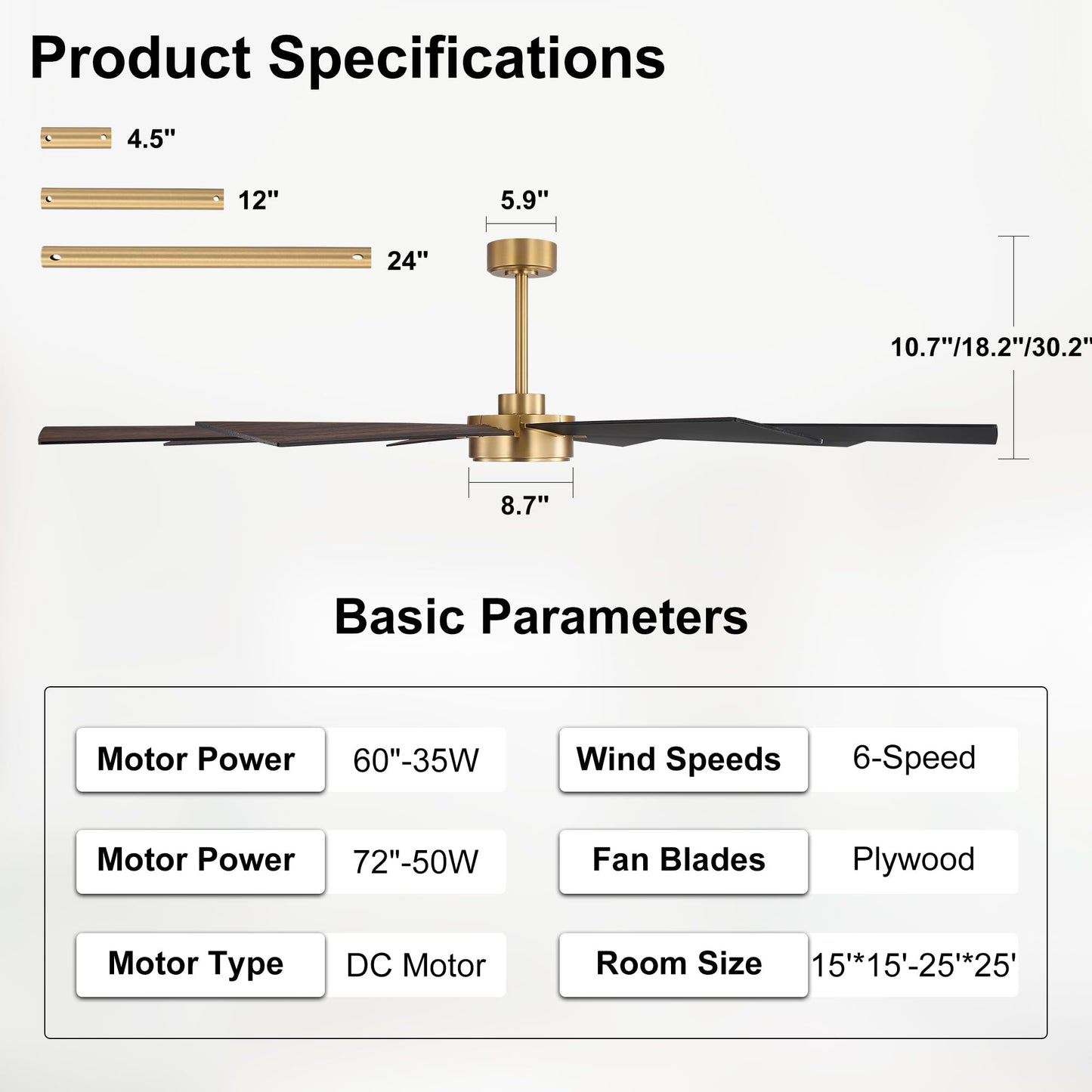 WINGBO 60" Ceiling Fan without Light, Modern Large Ceiling Fan with Remote Control, 6-Speed Reversible Noiseless DC Motor, Gold and Walnut/Black Blades for Living Room, Bedroom & Covered Outdoor
