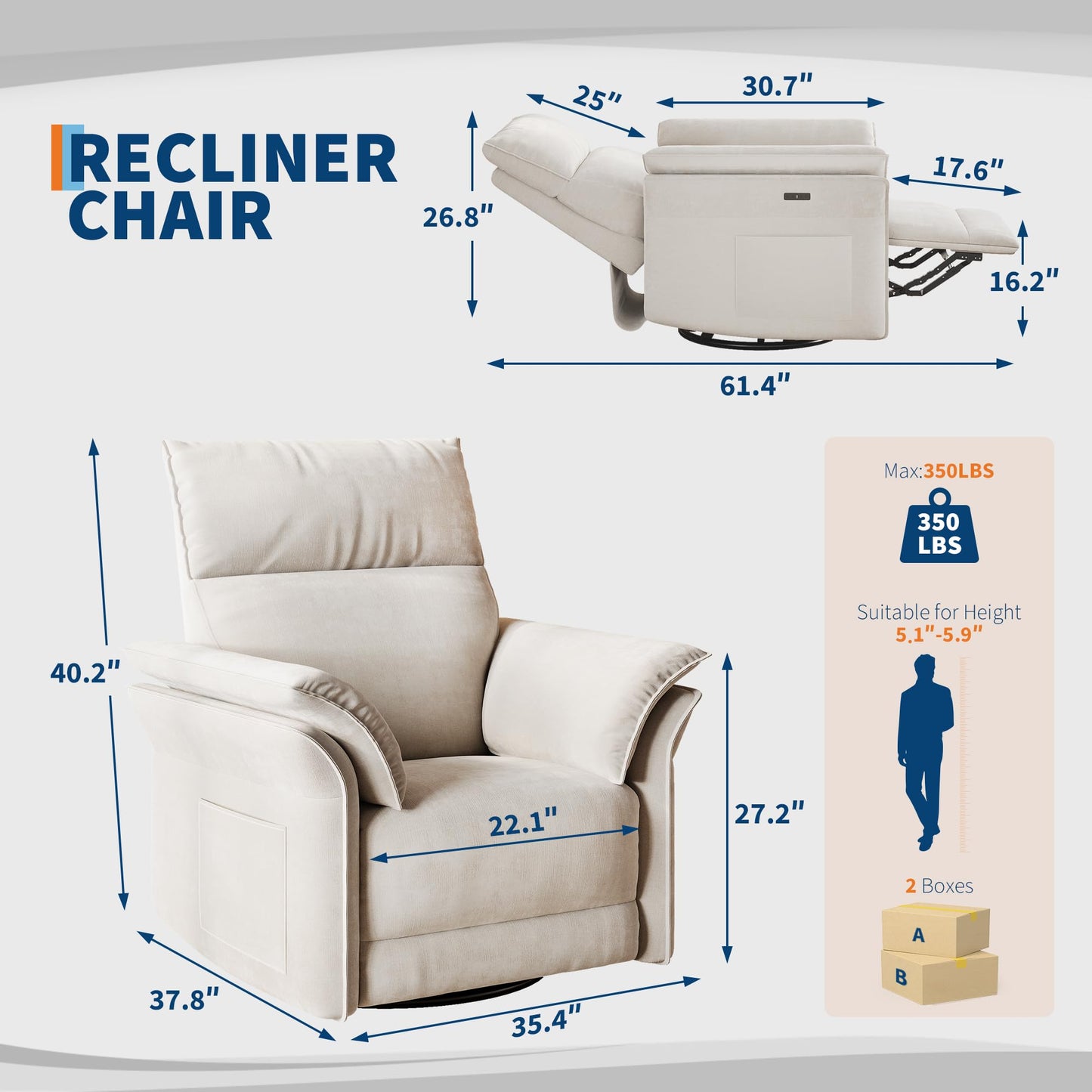 GarveeHome Power Recliner Chair, 270 °Swivel Rocking Glider with USB Charging Port, Chenille Upholstered Fabric and Double-Layer Armrests, Nursery Chair for Living Room, Nursery (Off White)