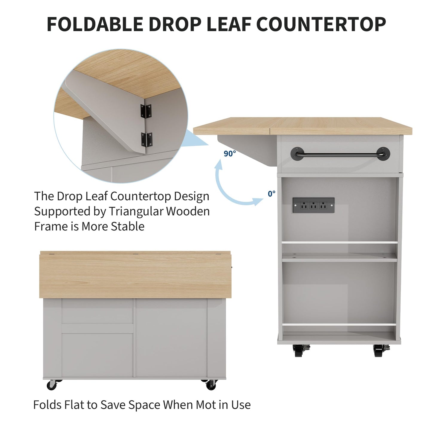 GarveeHome Rolling Kitchen Island with Drop Leaf Countertop, Charging Station & Ample Storage - 47.2 in Mobile Kitchen Cart On Wheels with Pull-Out Shelves, Drawers, Spice Rack & Organizer Divider