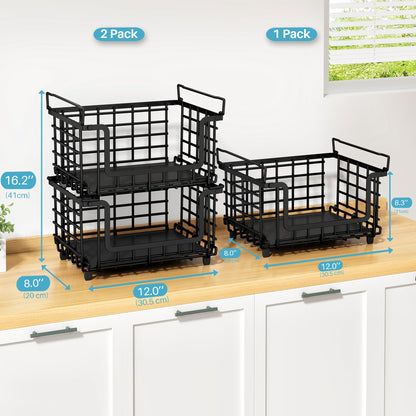2 Pack Stackable Metal Wire Vegetable Fruit Basket for Kitchen Counter Cabinet, Pantry Organizers and Storage Basket, Food Can Snack Onion Potato Bread Storage Shelf Freezer Organizer Bins Containers