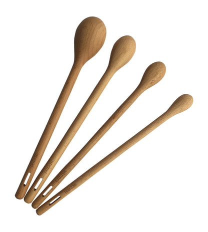 Long Handle Wooden Measuring Spoons by utensi, Set of 4 Engraved Accurate Spoons for Dry and Liquid Ingredients, Beech Wood Set (9-inch handles)