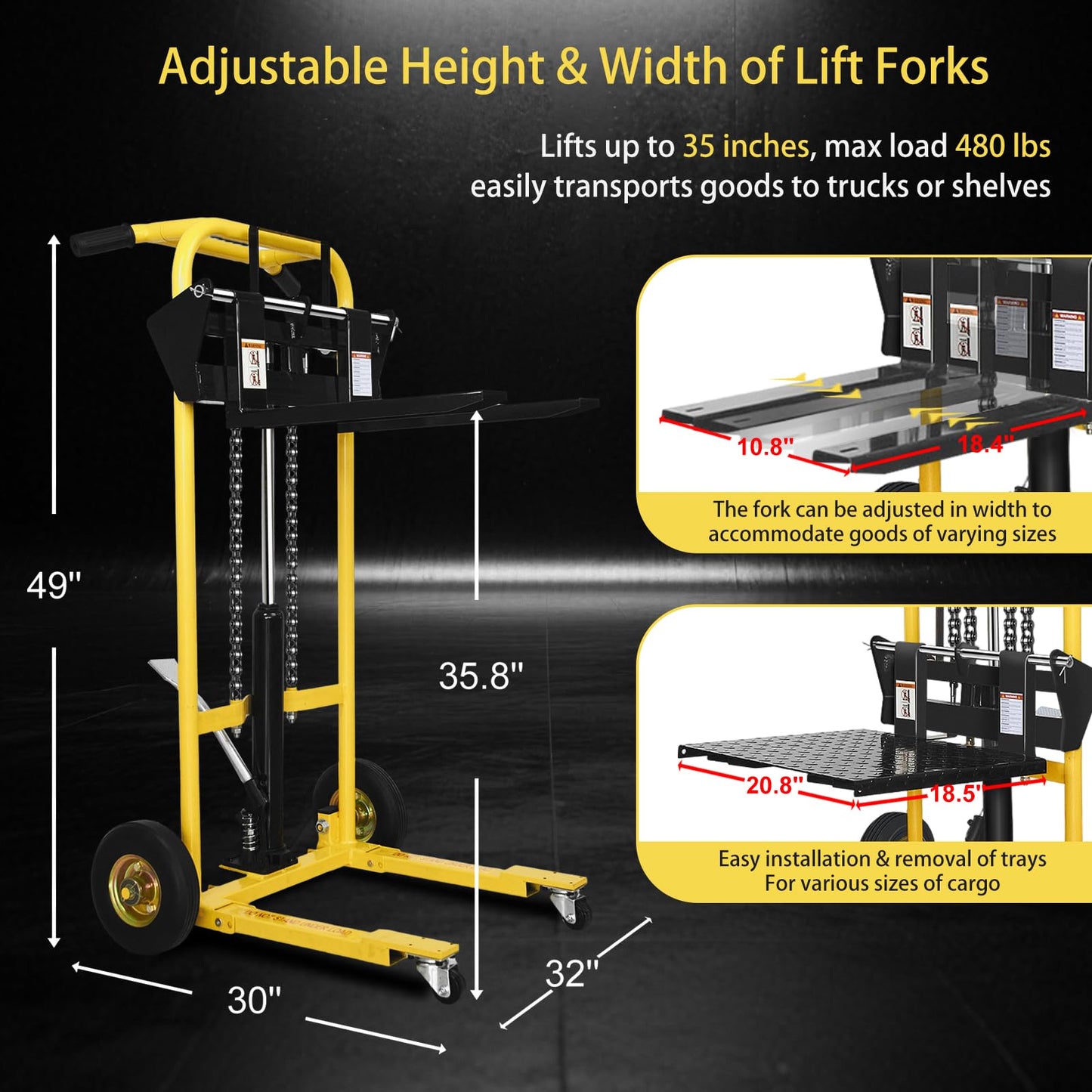 Hydraulic Material Lift, Pallet Jack Table Cart- 480-Lb. Capacity, 35in Lift. with Swivel Wheels, Steel Platform Board (03 Yellow, 480 LB)