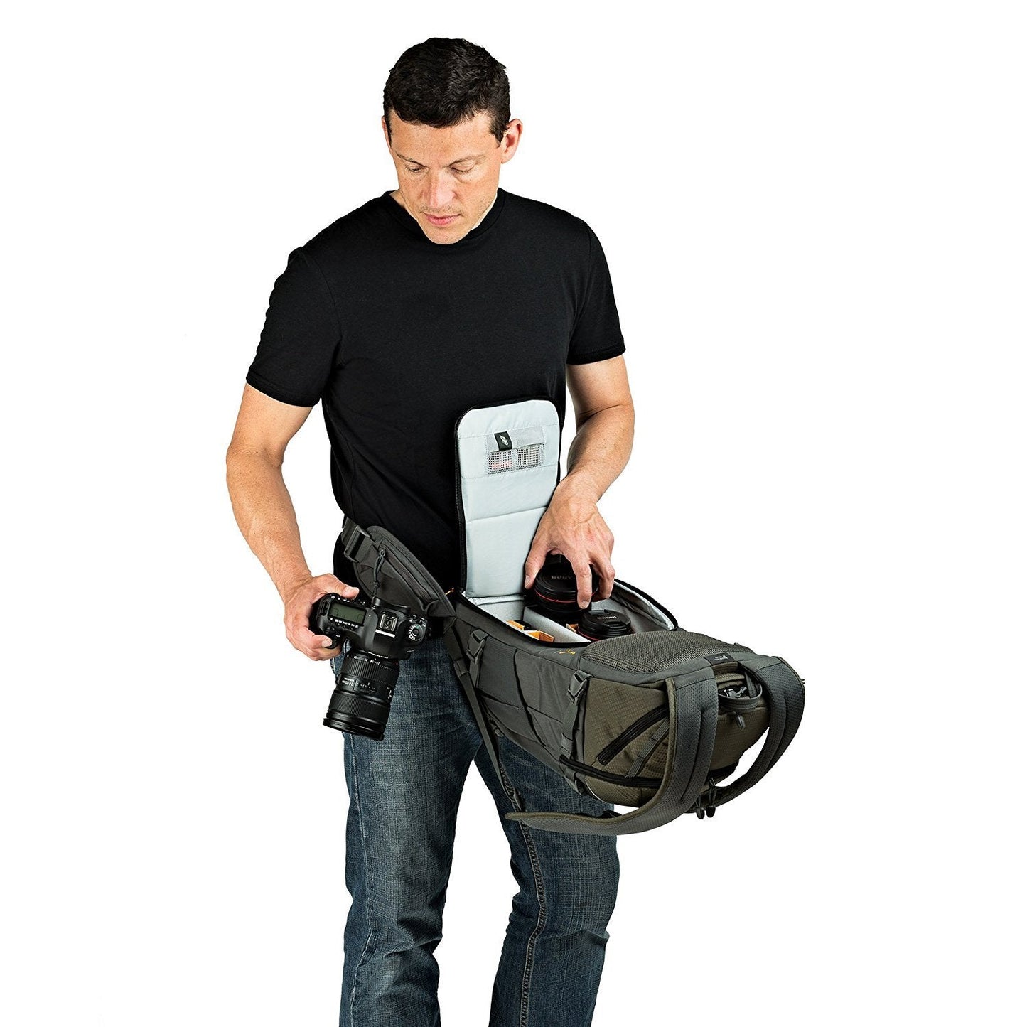 Lowepro LP37015-PWW, Flipside Trek BP 350 AW Backpack for Camera, Stores DSLR with Lens Attached, Extra Lenses, Tripod, 10 Inch Tablet Grey/Dark Green