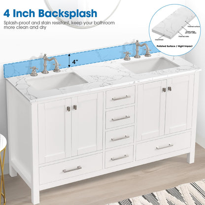 EQLOO 60 Inch Engineered Stone Bathroom Vanity Sink Top, with Undermount Rectangular Double Sinks, Vanity Countertop with 8 inch Faucet Hole Spacing and Backsplash in Lightning White