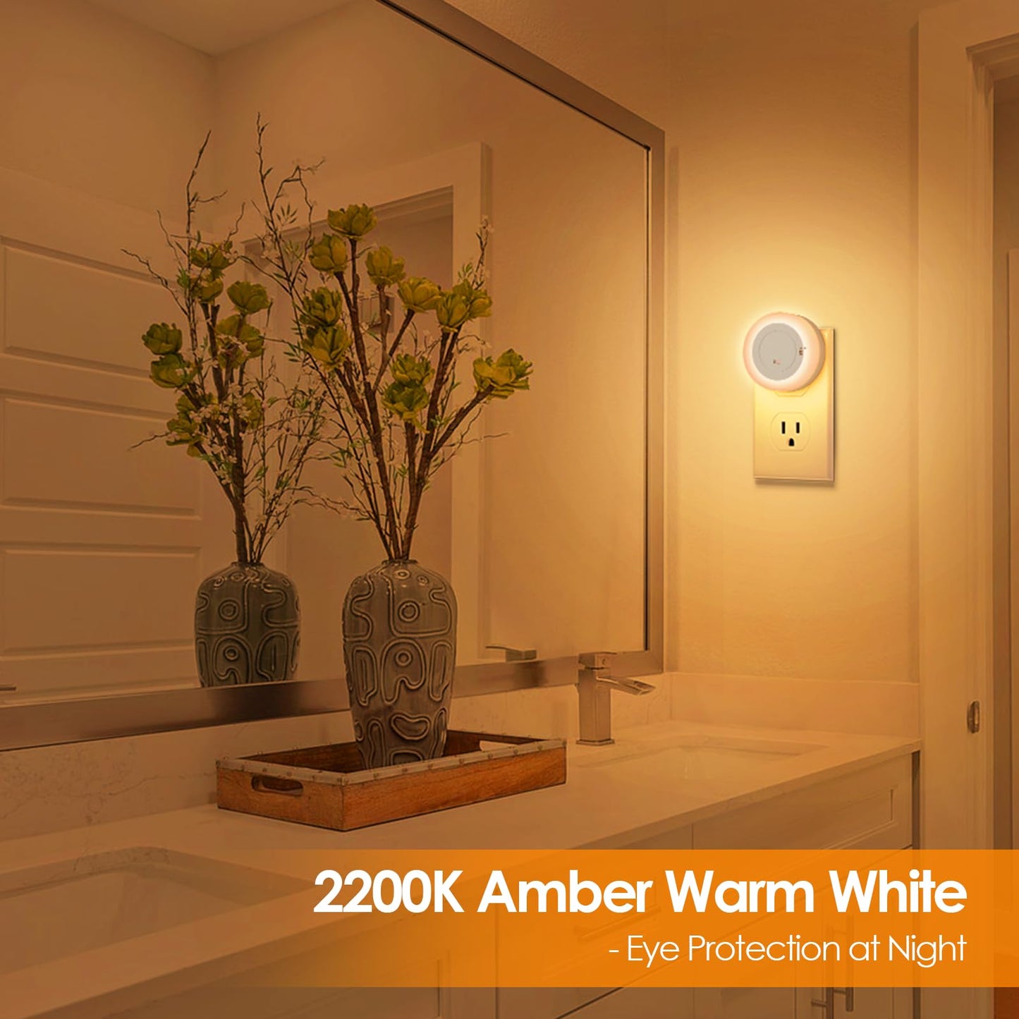 FOLKSMATE LED Night Lights Plug in, Dimmable Nightlight Plug Into Wall with Light Sensor, Soft White Adjustable for Adults, Bedroom, Bathroom, 2-Pack