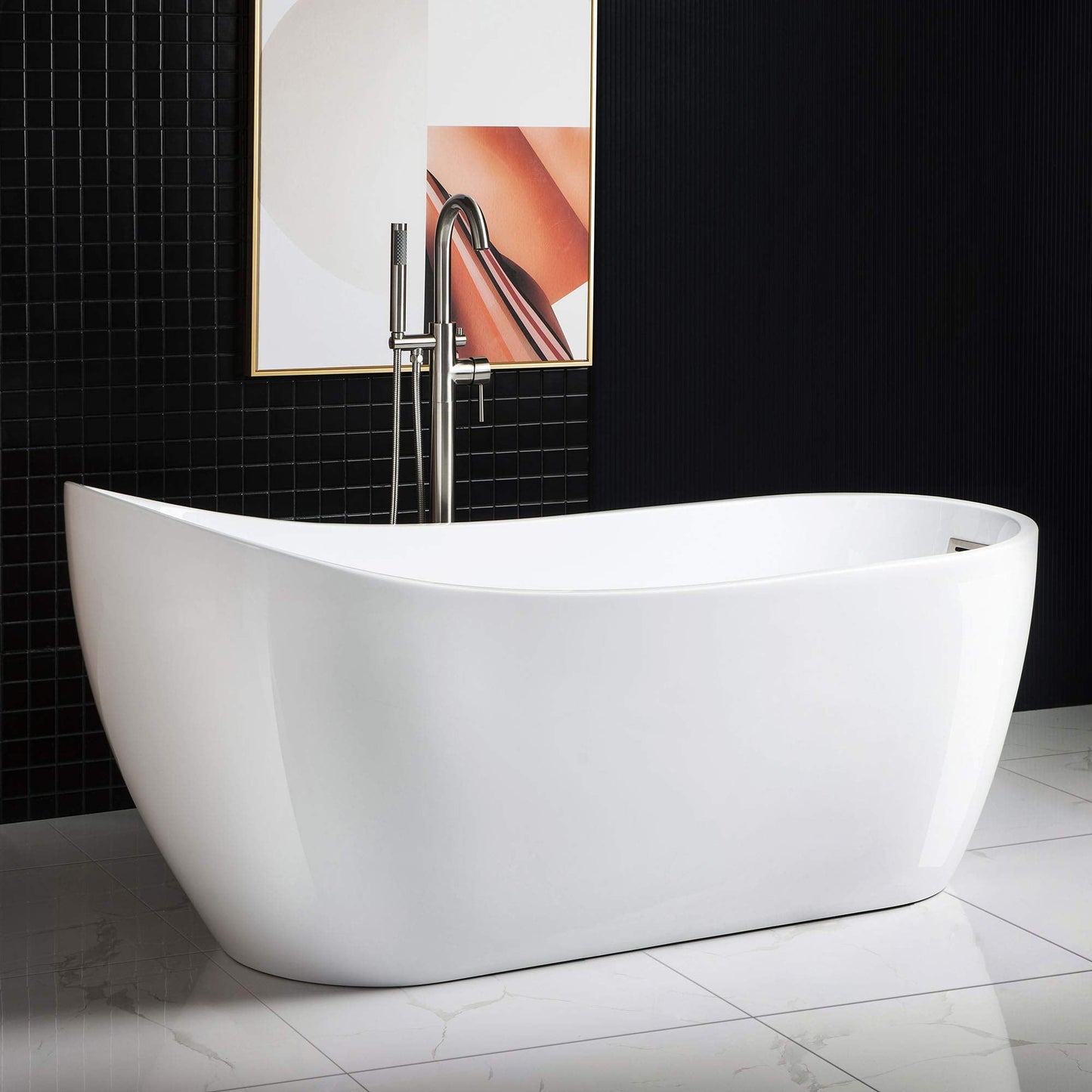 WOODBRIDGE 67" Acrylic Freestanding Bathtub Contemporary Soaking White Tub with Brushed Nickel Overflow and Drain，B-0001-BN