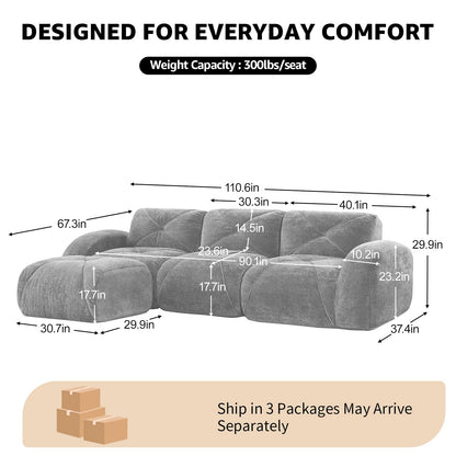 Red L-Shaped Sectional Couches for Living Room, Velvet Fabric Boneless Couch, No Assembly Cloud Modular Sectional Sofa with 1 Ottoman, Foam Couch Compressed Sofa Set for Apartment, Sofas para Sala