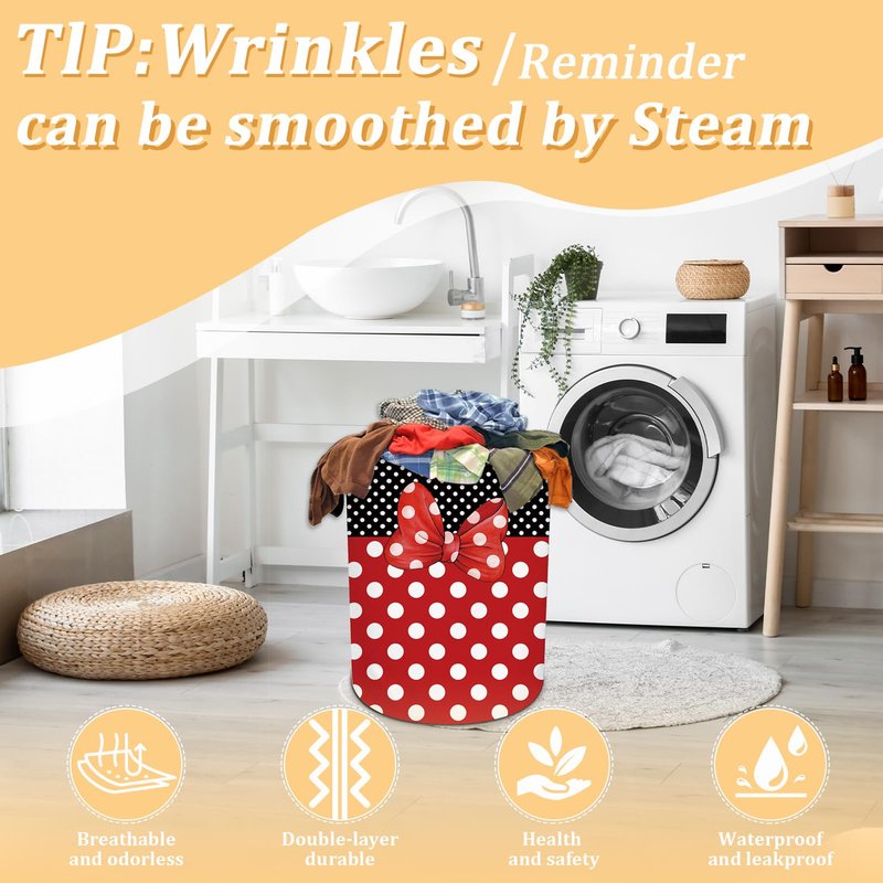 Black Red Polka Dot Laundry Basket, Cute Bow Tie Laundry Hamper Foldable Waterproof Funny Tote Bag Dirty Clothes Storage Bucket Toy Organizer for Bathroom/Laundry/Bedroom 15.7"x19.6"