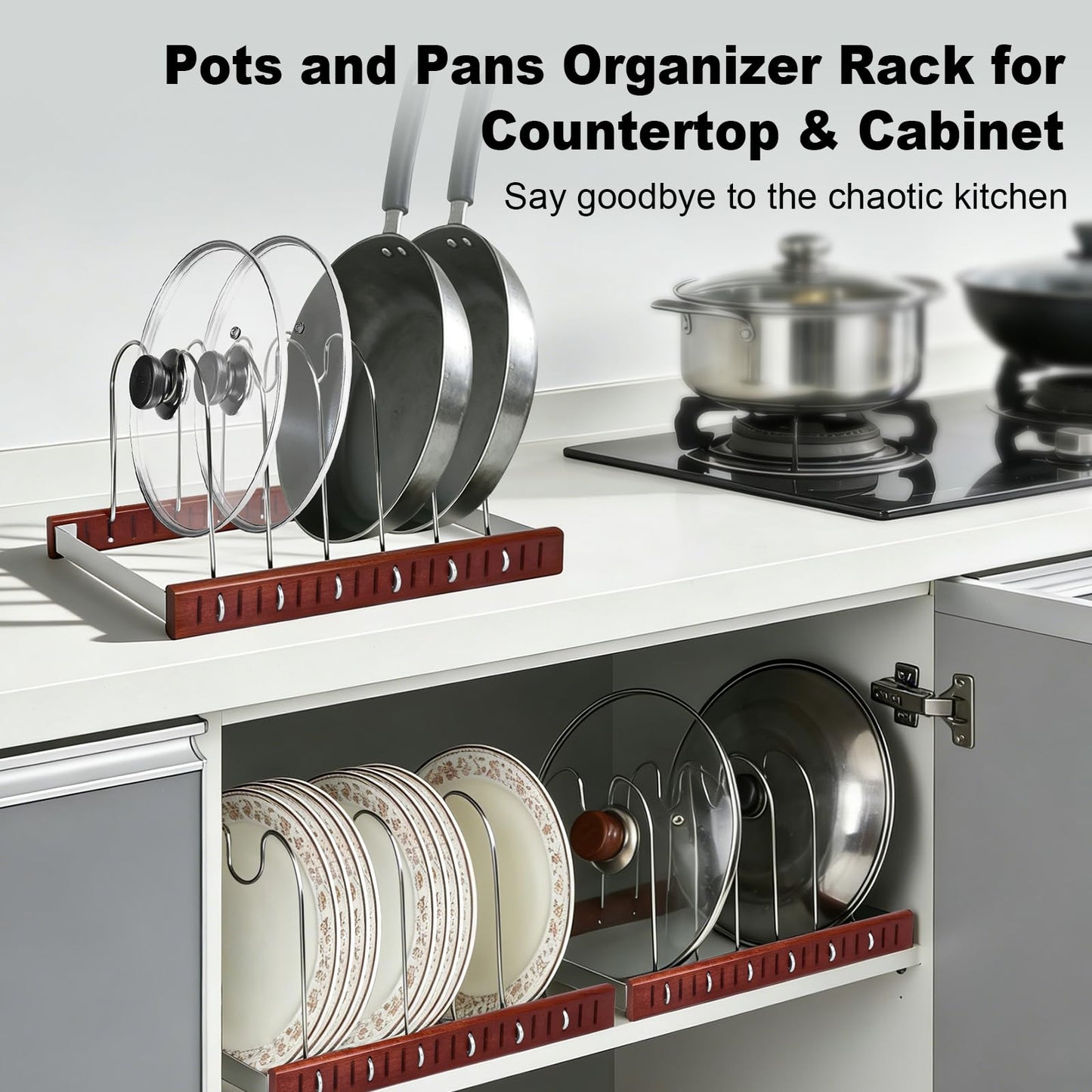 Pot Lid & Pan Organizer, Space-Saving Kitchen Cabinet Organizer W Oak Base & Self-Adaptive Flexible Design for Tray, Baking Sheet, Cutting Board, Cookware, Skillets - Cutting Board Holder Storage
