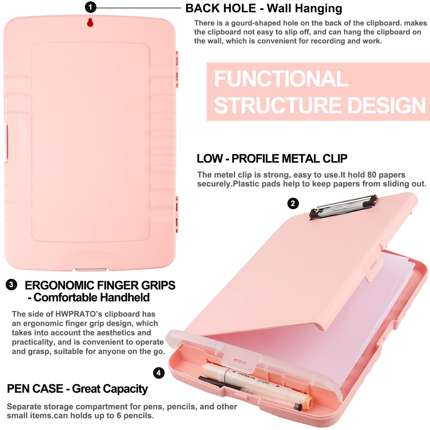 HWPRATO Clipboards Organizer Clipboard with Storage Nursing Clipboard Foldable File Folder Plastic Folio with Storage Case for Teacher,Kids,Doctor,Offices (Light Pink)