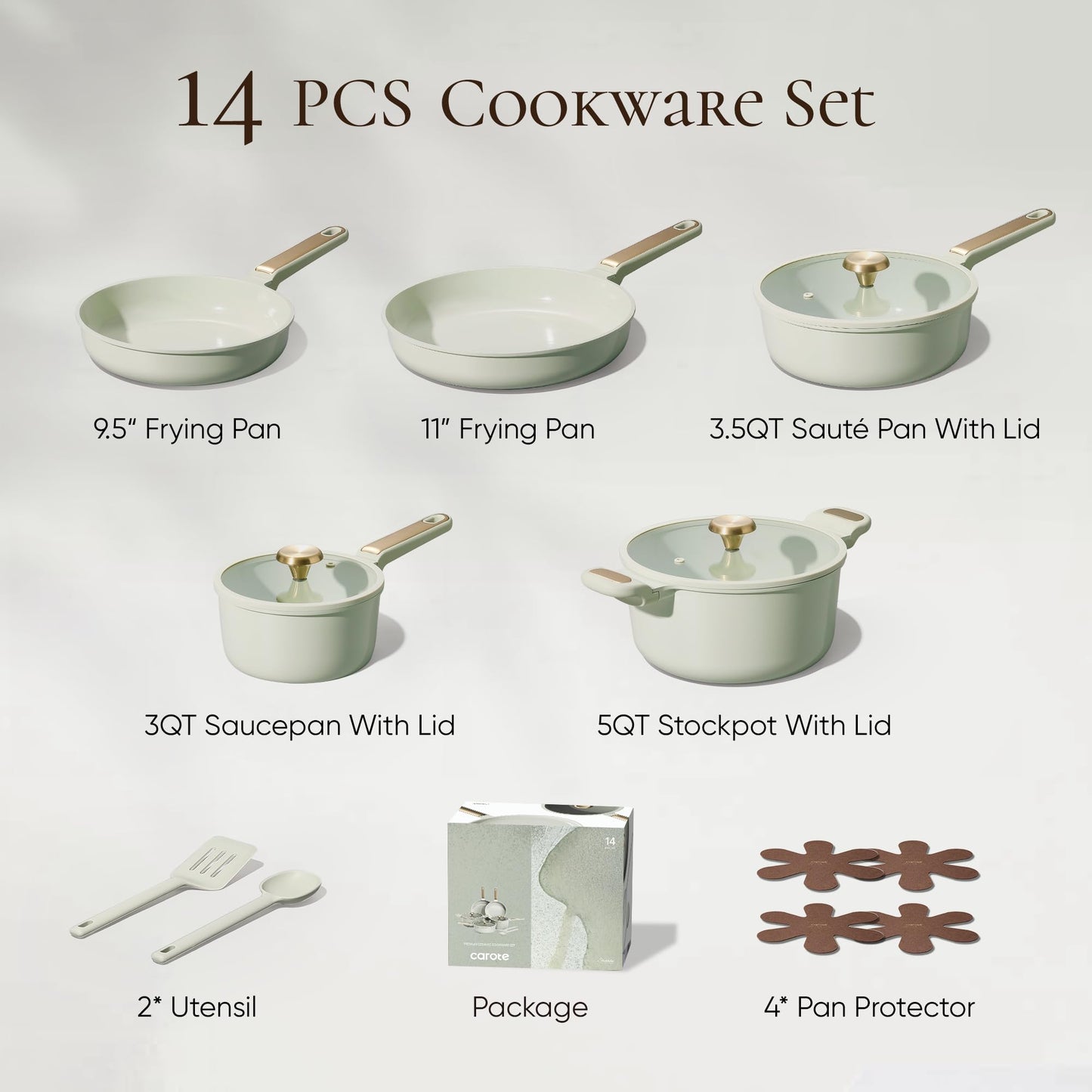 CAROTE Ceramic Cookware Set Nonstick, 14pcs Pots and Pans Set Nonstick, Non-Toxic & PFAS-Free, Dishwasher, RV/Camping Cookware Set, Cooking Pots with Lids, Sage Green