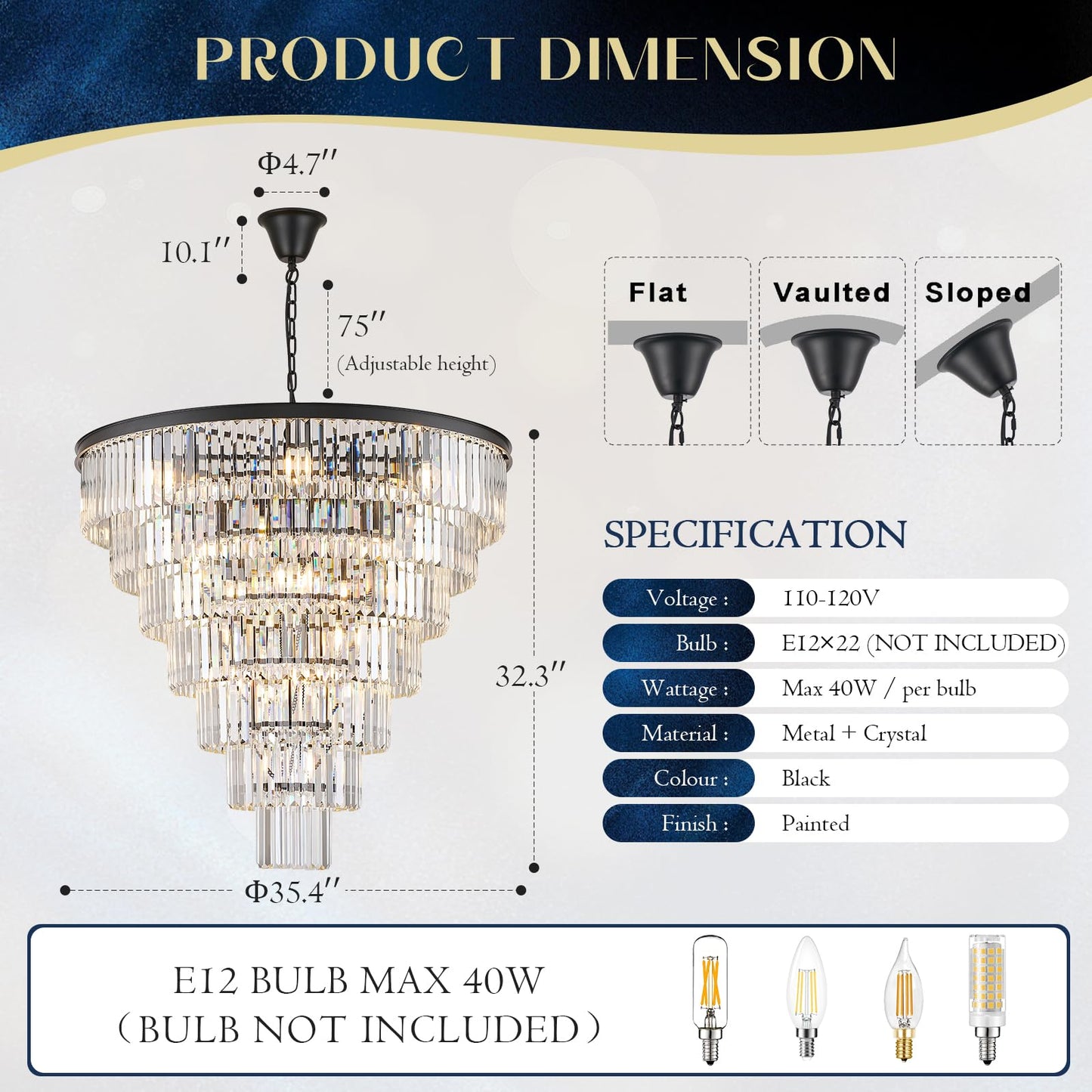 MERINEA Large Black Crystal Chandelier 36" Round Chandeliers for Staircase Modern 22 Lights 7-Tier Luxury K9 Crystal Ceiling Pendant Lighting Fixture for High Ceiling Living Room Foyer