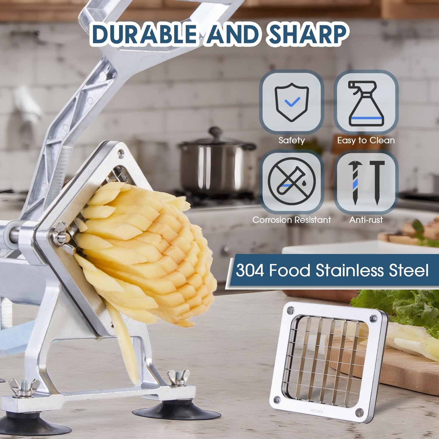 YODHOSA Commercial French Fry Cutter Stainless Steel Potato Cutter with 1/2,1/3,3/8 Inch Blade and 8-wedge balde, Heavy Duty Potato Slicer Manual Potato Chopper Set for Sweet Potato, Carrot, Cucumbers