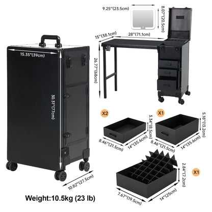 Rolling Portable Manicure Table with 3 Drawers, Lockable Makeup Train Case with Detachable Mirror, Foldable Nail Desk with Wheels & Handle, Mesa de Uñas Profesional para Nail Techs & Salon Use, Black