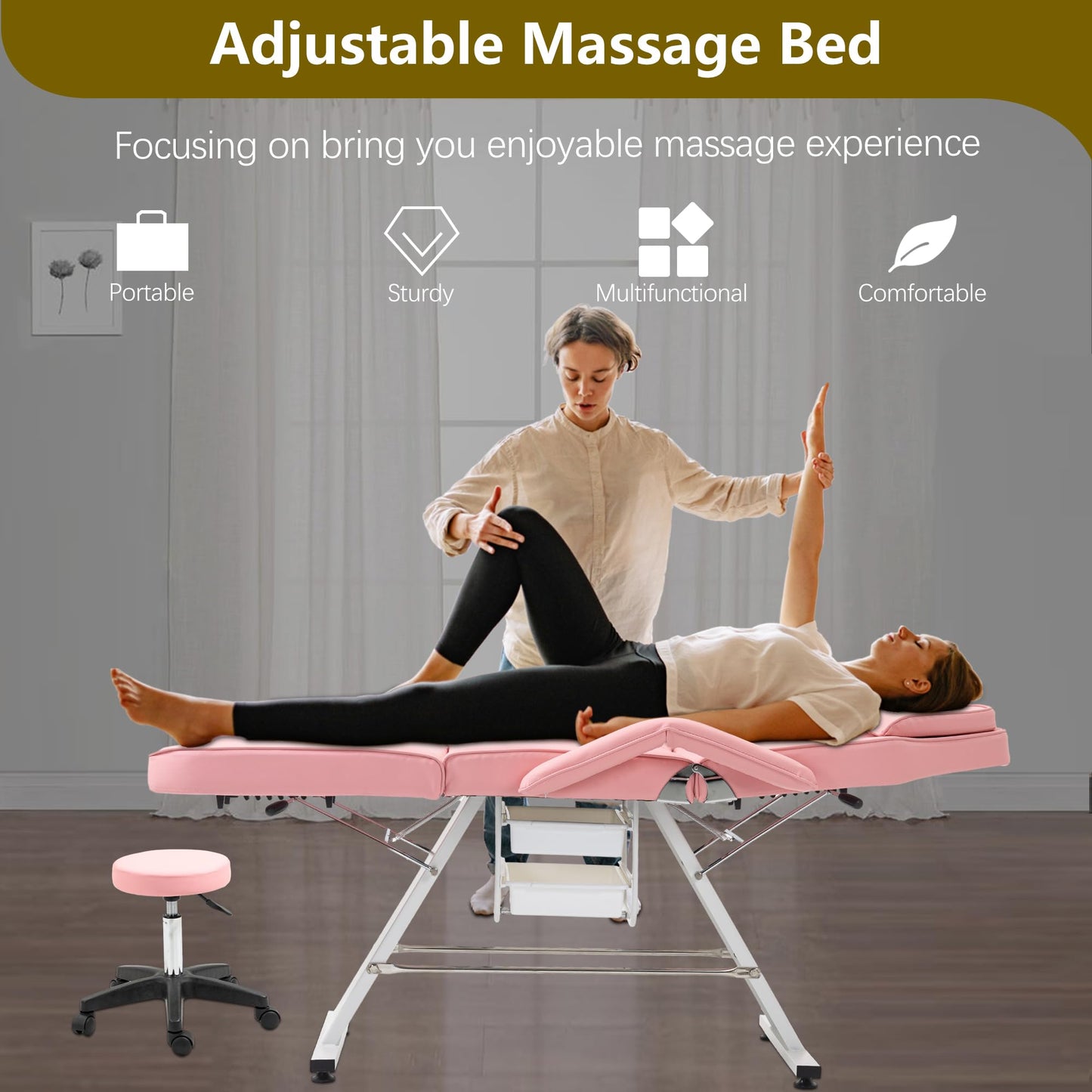hereyova Massage Salon Chair with Two Trays Esthetician Bed with Hydraulic Stool,Multi-Purpose 3-Section Facial Bed Table, Adjustable Beauty Barber Spa Beauty Equipment, Pink