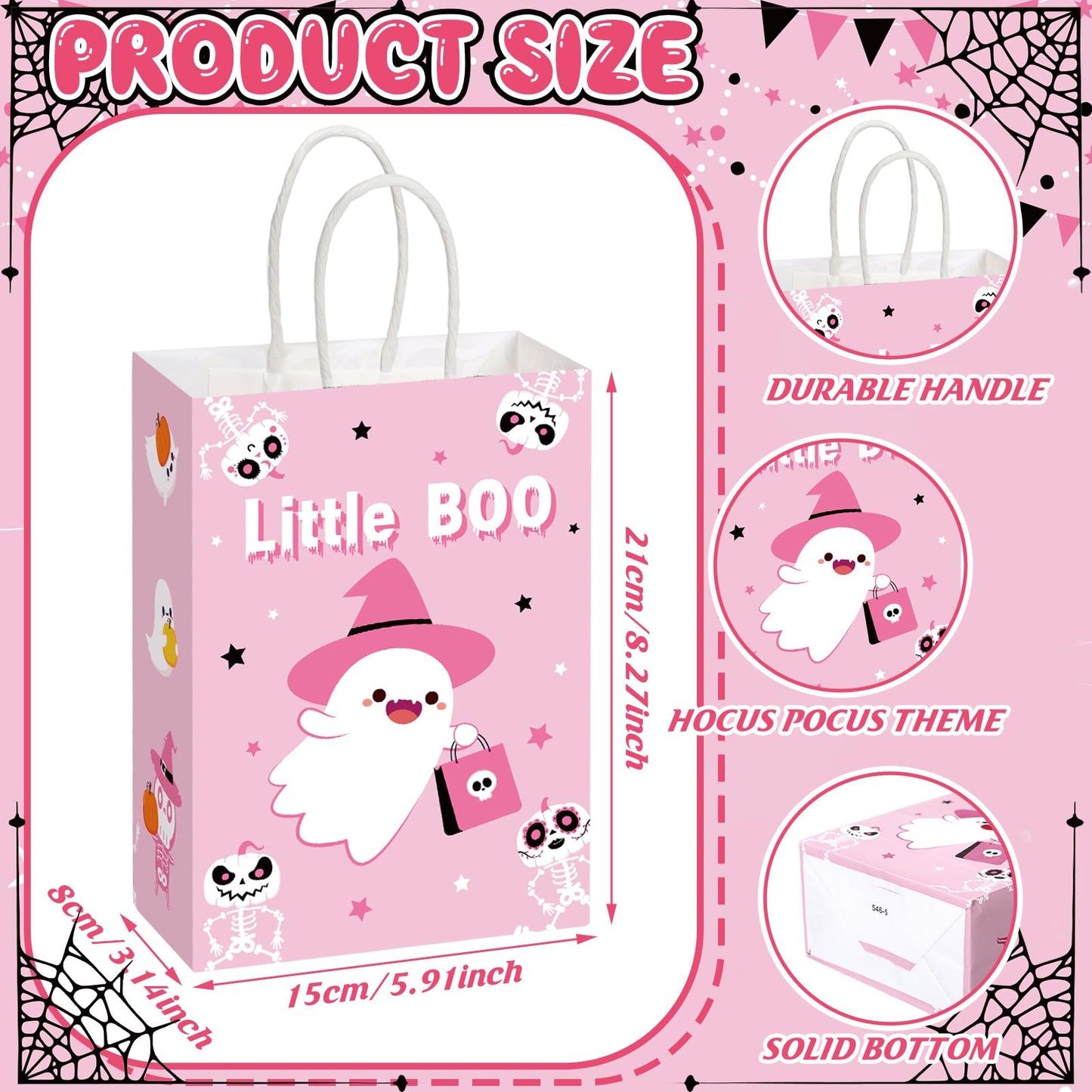 Zhanmai 24 Pcs Pink Ghost Halloween Party Favors Gifts Goodies Bags with Handles Halloween Paper Boo Bags for Candy Treat Snack Gifts Wrapping Birthday Party Supplies Decoration