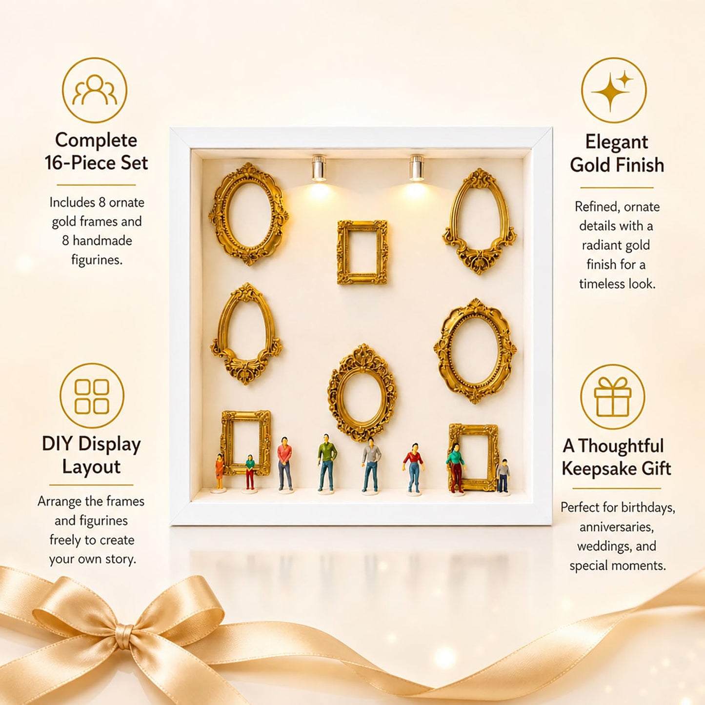 DIY Mini Museum Shadow Box Frame Kit, Personalized Museum of Us Silhouette Display with 8pcs Mini Gold Frames & 8pcs Mini Figurines, Custom Family Memory Box for Wedding, Anniversary & Home Decor