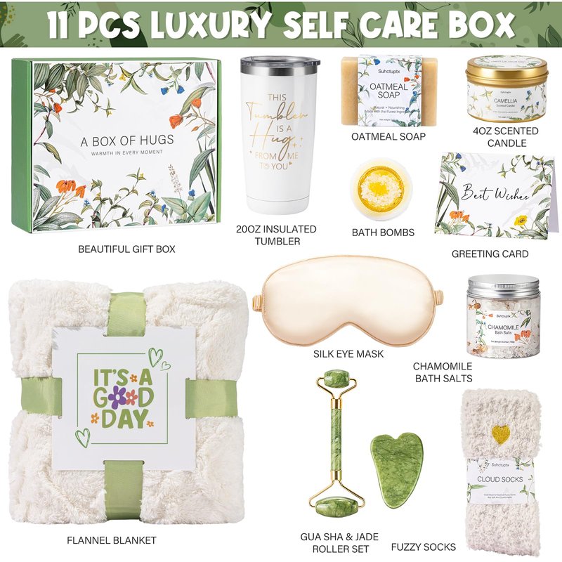 Suhctuptx Self Care Gifts for Women, Get Well Soon Basket Birthday Gifts for Women Care Package, Thinking of You Box w/Blanket, Christmas A Leafy Gift of Care for Mom Her Sister Friend