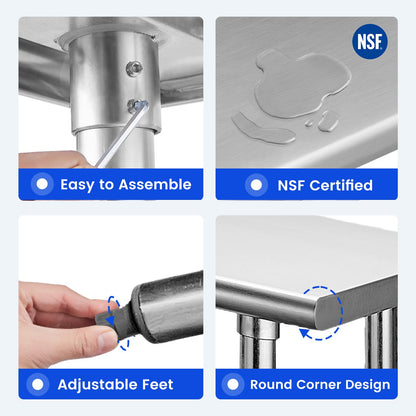 Hally Stainless Steel Table for Prep & Work 24 x 72 Inches, NSF Commercial Heavy Duty Table with Undershelf and Galvanized Legs for Restaurant, Home and Hotel