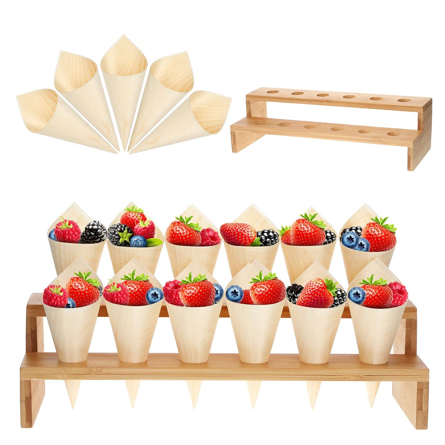 Queekay 100 Pcs Disposable Wooden Food Cones with 12 Holes Food Cone Display Stand Cone Holder for Charcuterie, Ice Cream, Catered Events, Party or Buffets(Straight,Bamboo)