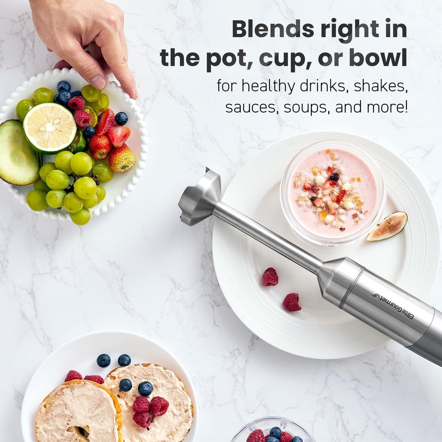 Elite Gourmet EHB1300 Cordless Rechargeable Hand Blender, Stainless Steel Blade, Variable Speed Blending, One-Touch