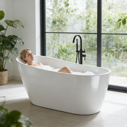 67" Freestanding Bathtub, Black Exterior White Interior Acrylic Stand Alone Soaking Tub, Modern Oval Bath with Ergonomic Design and Chrome Drain for Bathroom Remodel and Home Spa